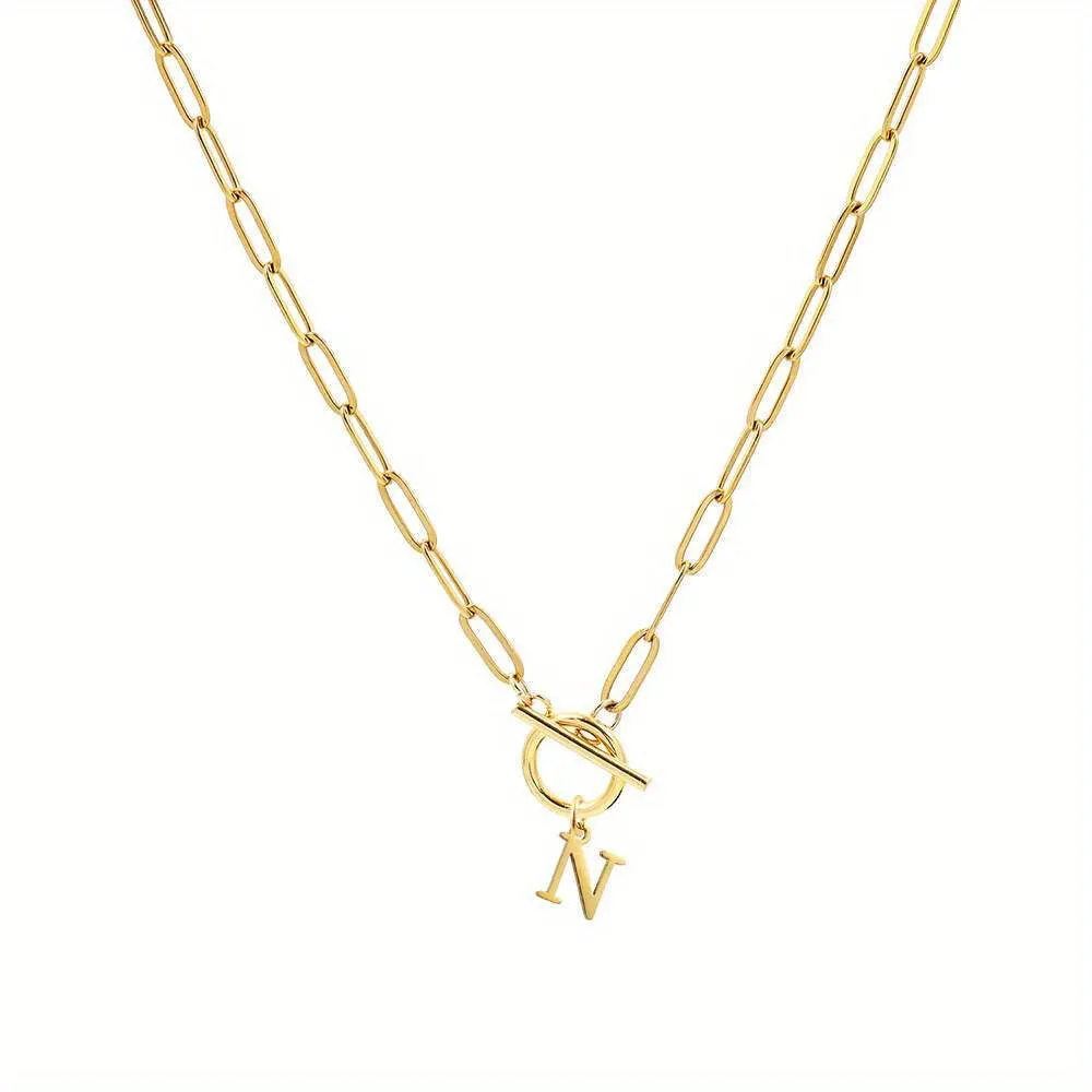 Toggle Clasp Initial Pendant Necklace Stainless Steel Paperclip Chain Necklace For Women