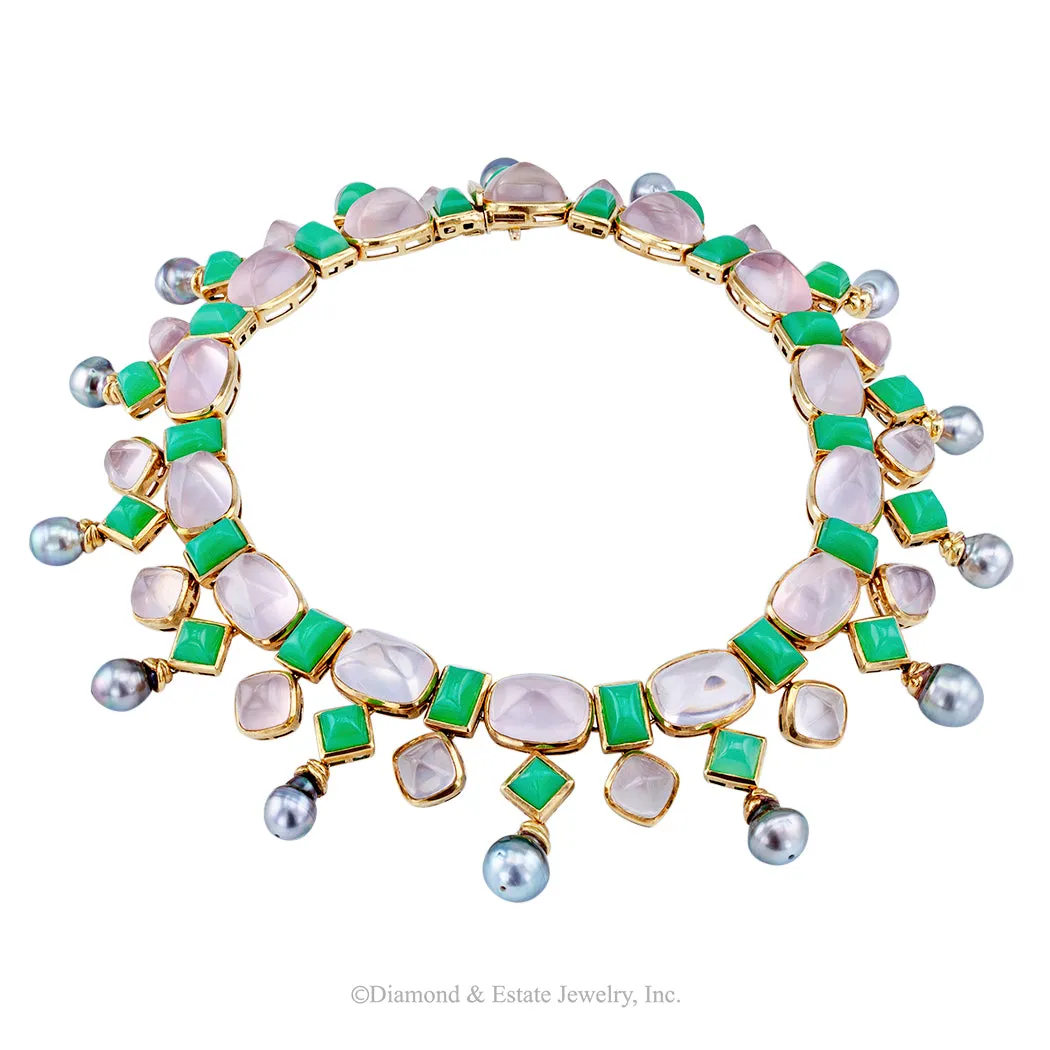 Tony Duquette Chrysoprase Rose Quartz Tahitian Pearl Gold Necklace