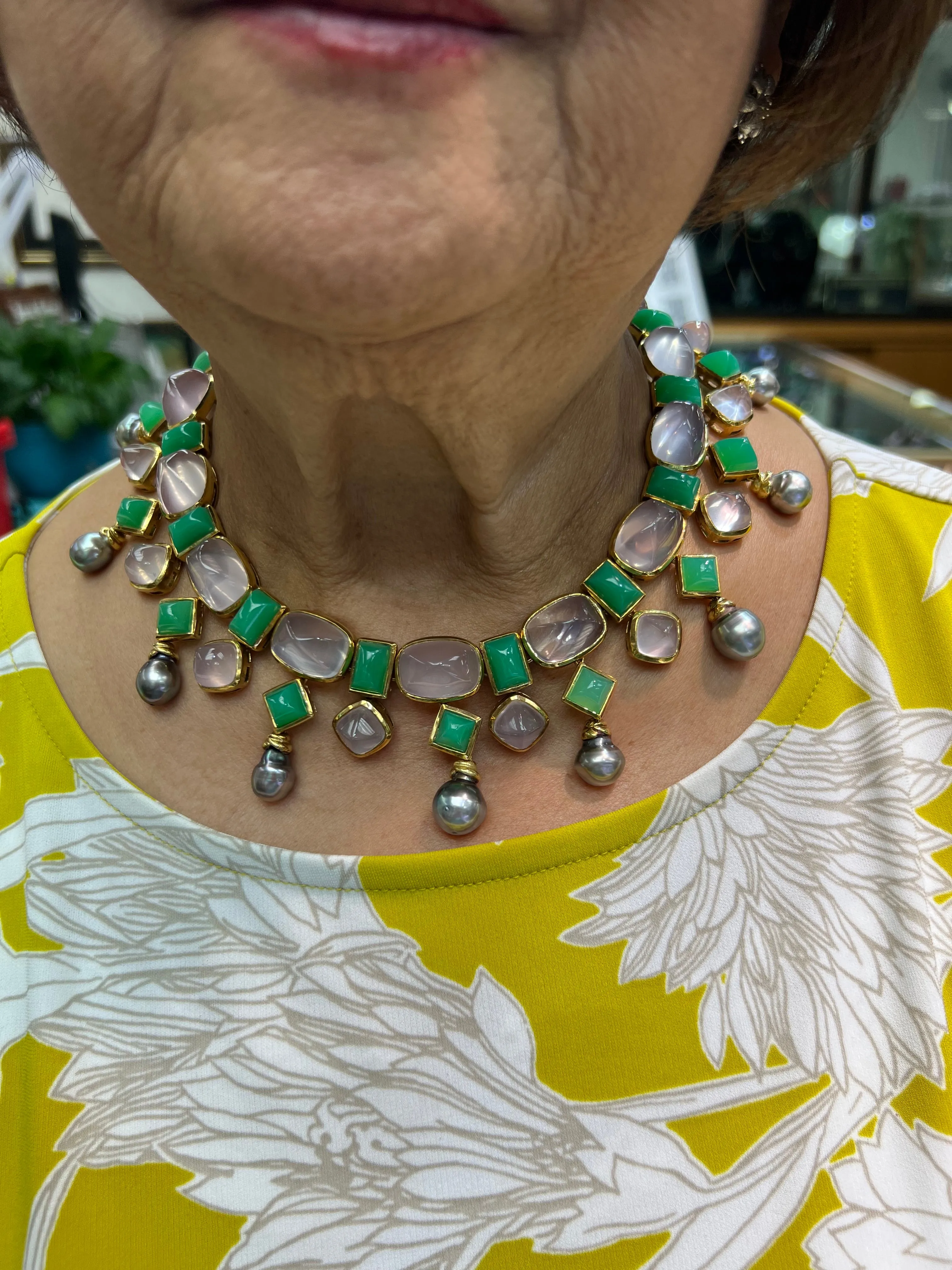 Tony Duquette Chrysoprase Rose Quartz Tahitian Pearl Gold Necklace