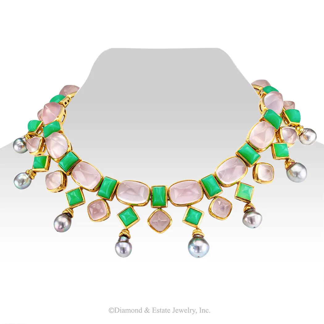 Tony Duquette Chrysoprase Rose Quartz Tahitian Pearl Gold Necklace