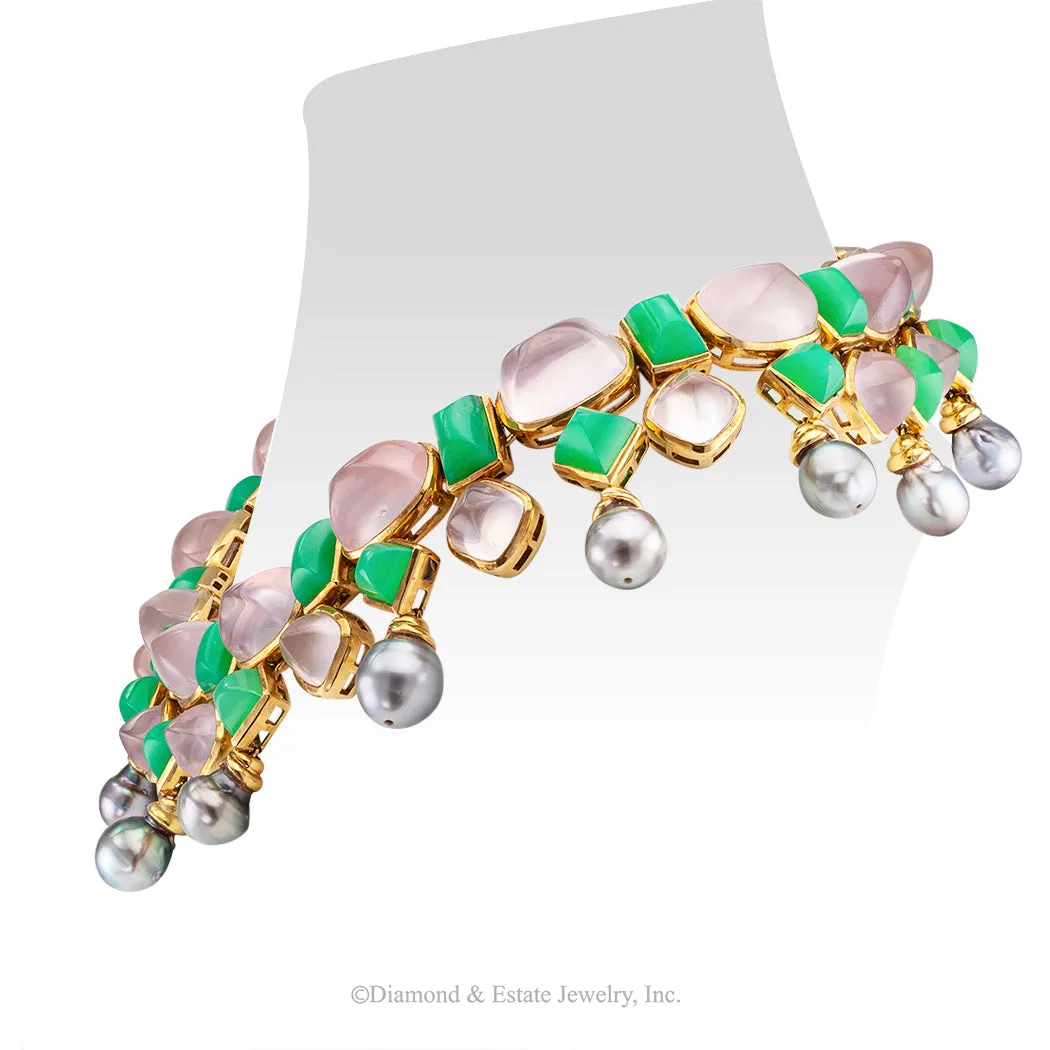 Tony Duquette Chrysoprase Rose Quartz Tahitian Pearl Gold Necklace