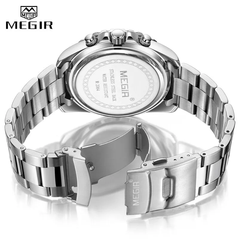 Top Brand MEGIR Men Quartz Watch Silver Steel Business Clock Chronograph Waterproof Mens Sports Watches Luxury Men Wrist Watch