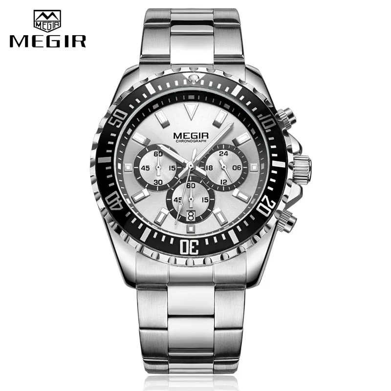 Top Brand MEGIR Men Quartz Watch Silver Steel Business Clock Chronograph Waterproof Mens Sports Watches Luxury Men Wrist Watch