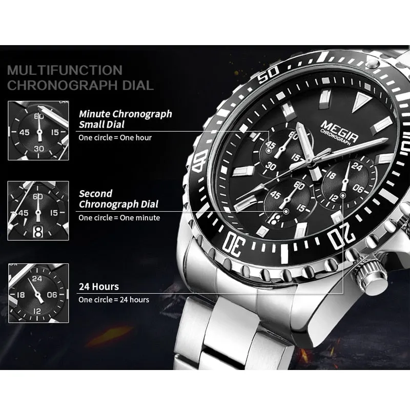 Top Brand MEGIR Men Quartz Watch Silver Steel Business Clock Chronograph Waterproof Mens Sports Watches Luxury Men Wrist Watch