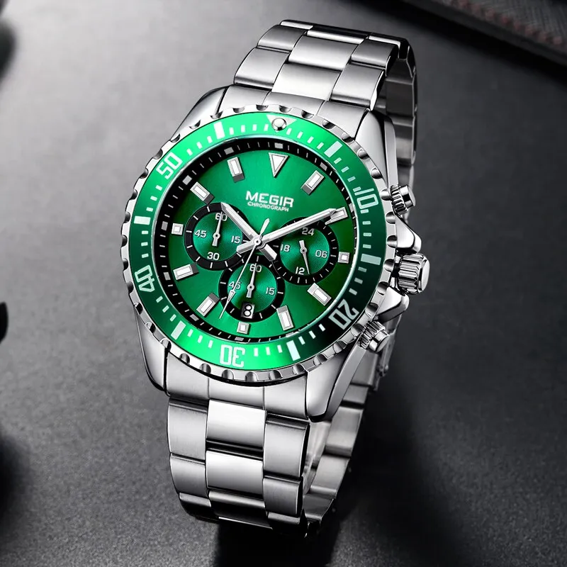 Top Brand MEGIR Men Quartz Watch Silver Steel Business Clock Chronograph Waterproof Mens Sports Watches Luxury Men Wrist Watch