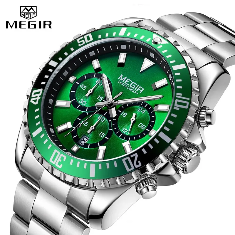 Top Brand MEGIR Men Quartz Watch Silver Steel Business Clock Chronograph Waterproof Mens Sports Watches Luxury Men Wrist Watch
