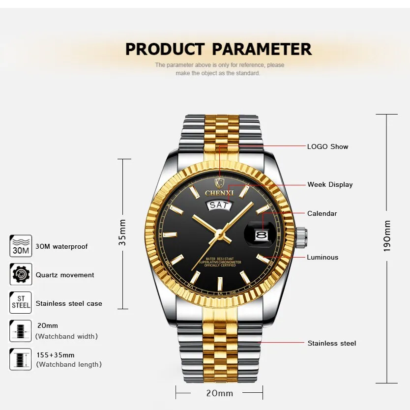 Top Luxury Brand Men Watches CHENXI 2022 New Fashion Quartz Business Male Wristwatches Analog Week&amp;Calendar Display Clock Watch