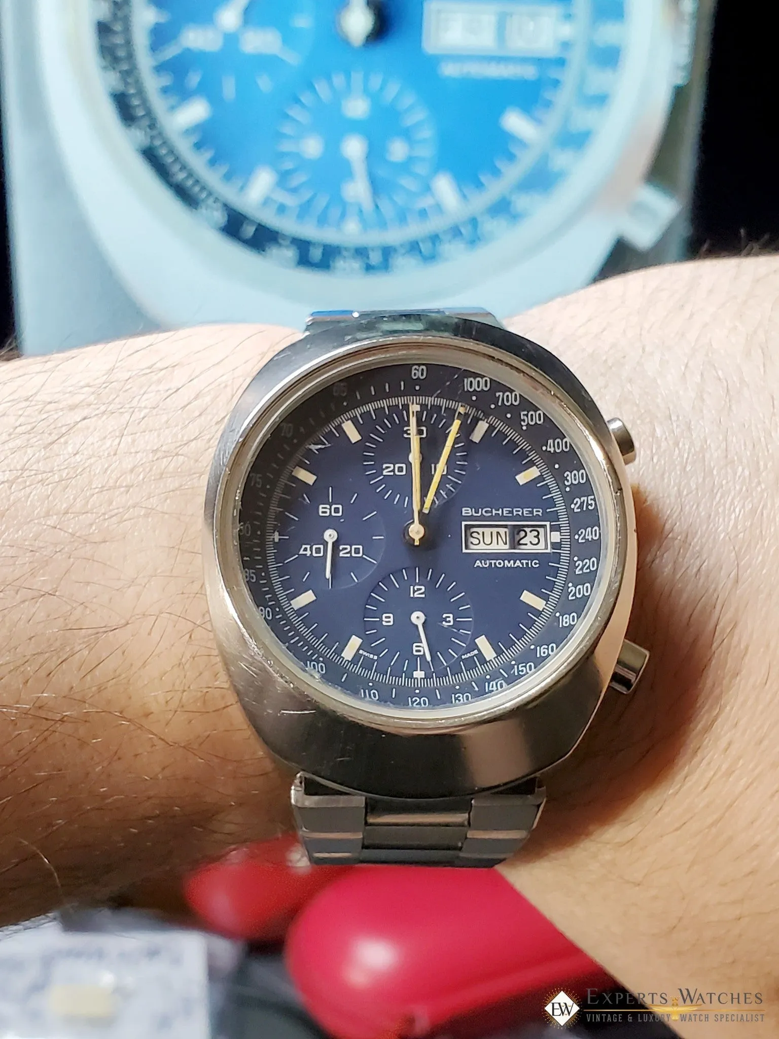 Vintage 1970's Bucherer 7000 Incabloc Chronograph Day Date Valjoux 7750 Watch