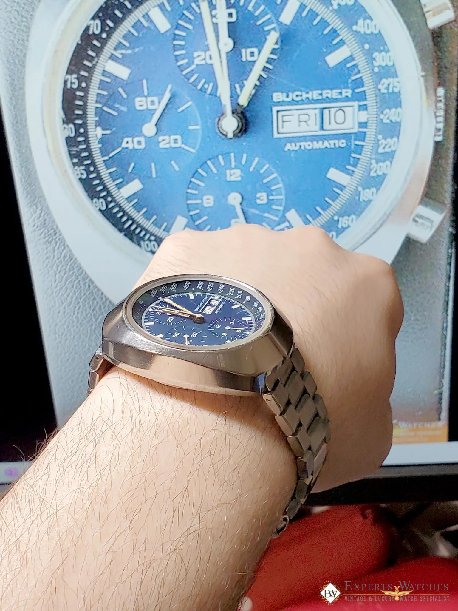 Vintage 1970's Bucherer 7000 Incabloc Chronograph Day Date Valjoux 7750 Watch