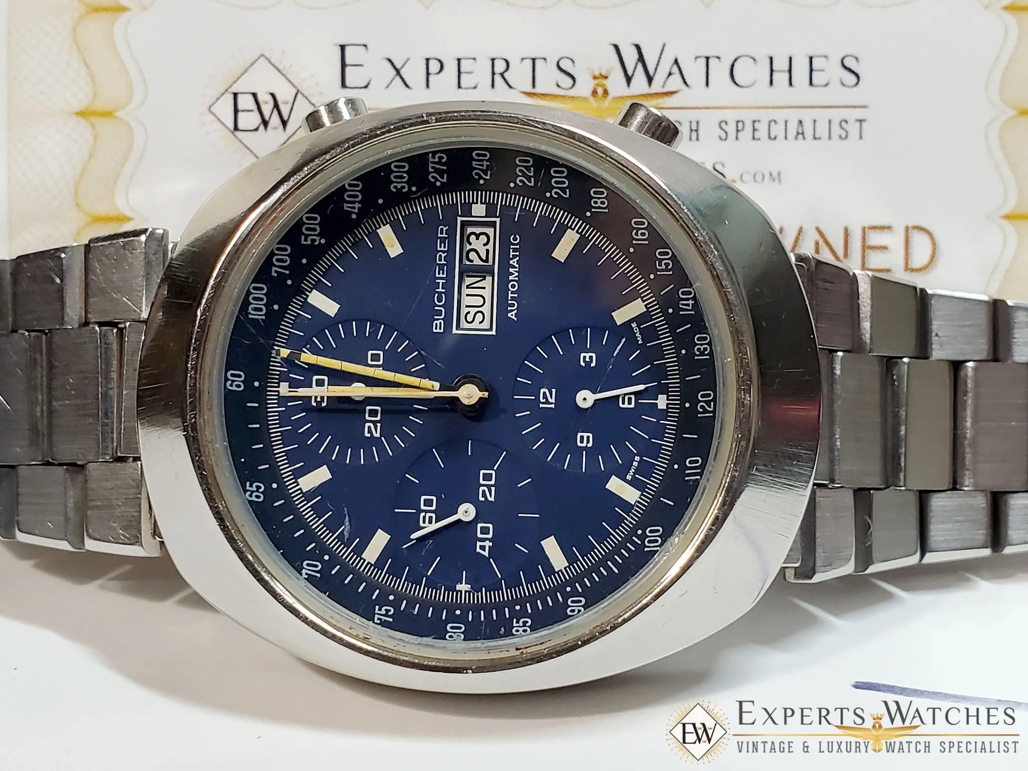 Vintage 1970's Bucherer 7000 Incabloc Chronograph Day Date Valjoux 7750 Watch