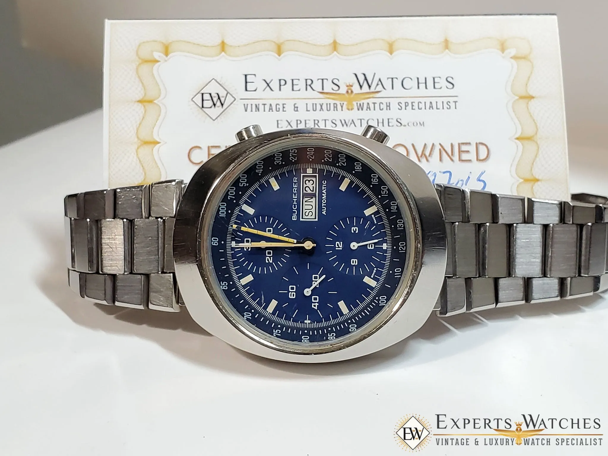 Vintage 1970's Bucherer 7000 Incabloc Chronograph Day Date Valjoux 7750 Watch
