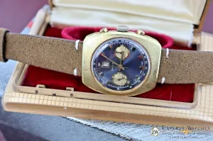 Vintage BAYLOR Chronograph Beautiful Blue Dial Matt Gold Fill Date at 12 W/ Box