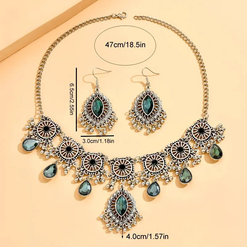 Vintage Exquisite Flower Pattern Synthetic Gems Inlaid Dangle Earrings & Necklace Luxury Ethnic Style Silver Plated Jewelry Jewelry Set Gifts For Women Gifts For Eid