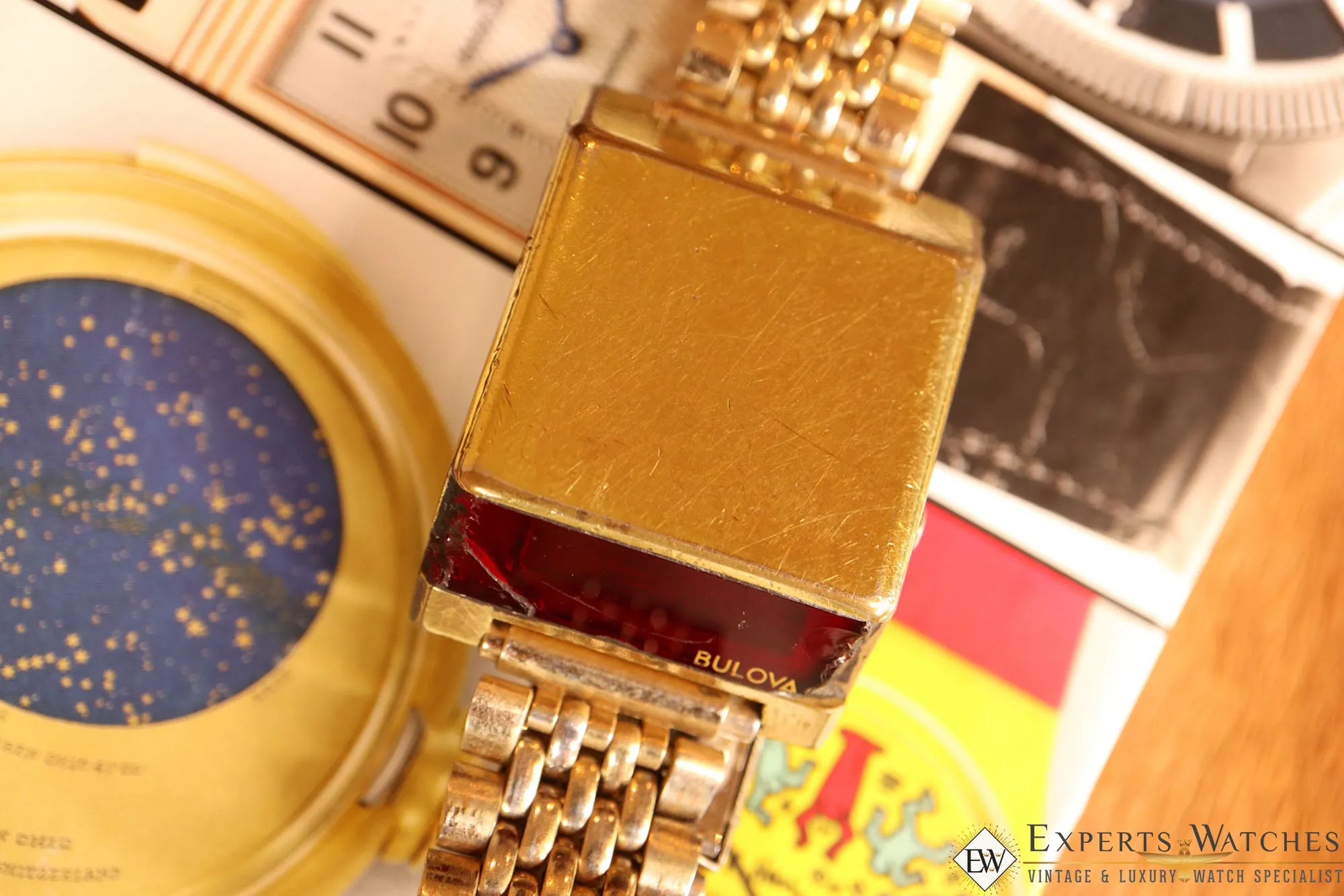 Vintage Rare 1976 Bulova COMPUTRON N7 Red LED Digital Gold Tone Cell 228