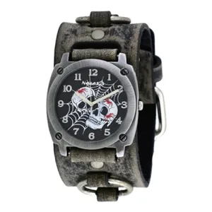 Web of Skulls Black Watch with Distressed Charcoal Ring Leather Cuff