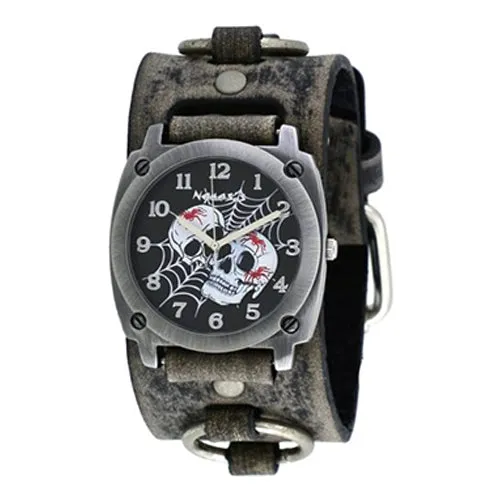 Web of Skulls Black Watch with Distressed Charcoal Ring Leather Cuff